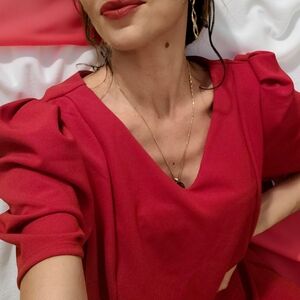 Liz Claiborne Puff Sleeves V-Neck Blouse Vibrant Red